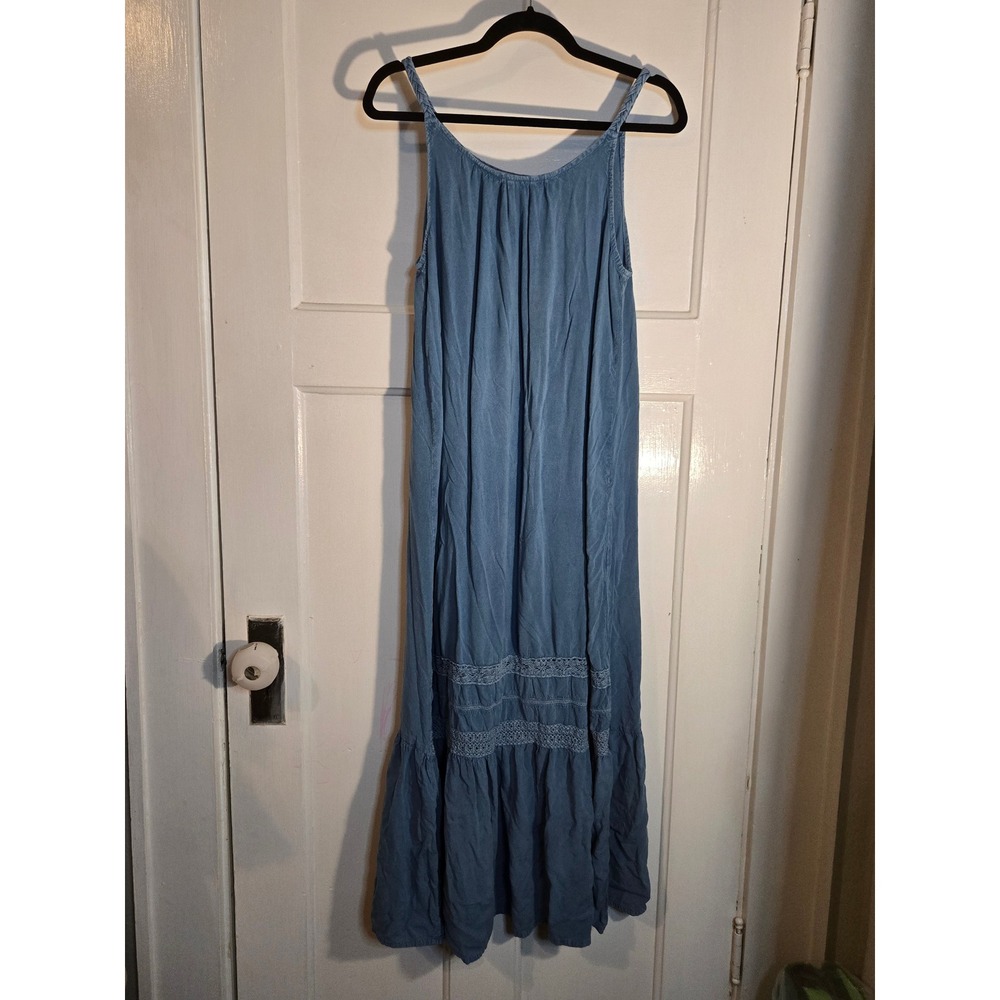 Mlle Gabrielle Blue Rayon Crochet Lace Tiered Maxi Dress L Boho Braided Strap